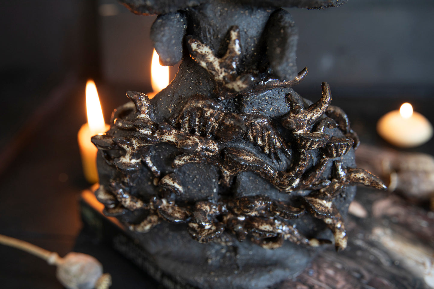 Moose forest totem, altar, candle holder, incense burner. One of a kind, black clay, elk, deer