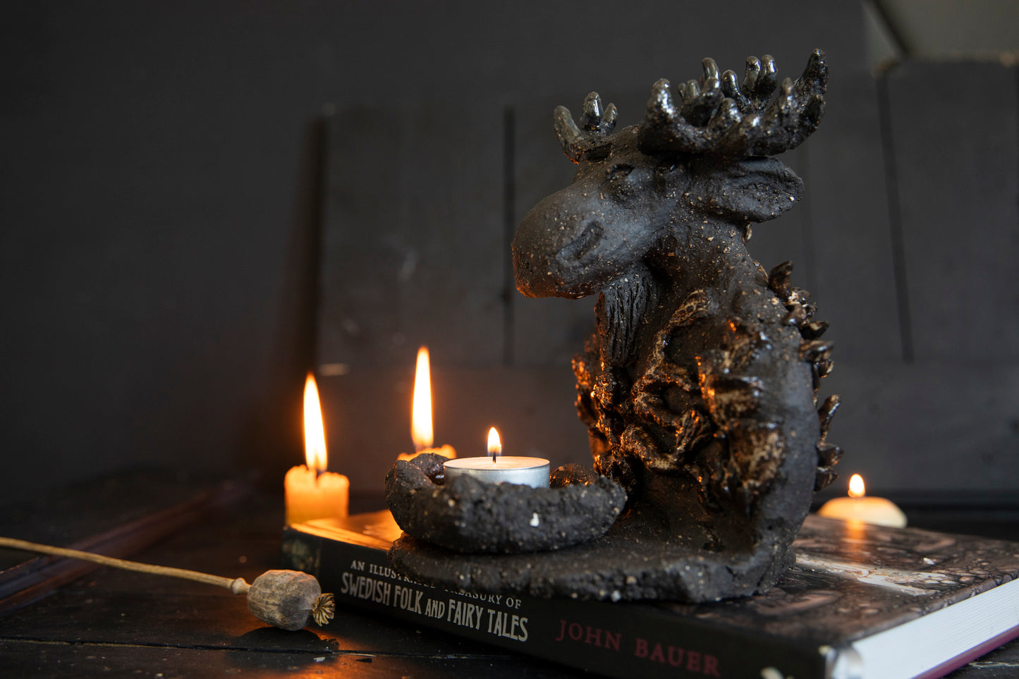 Moose forest totem, altar, candle holder, incense burner. One of a kind, black clay, elk, deer