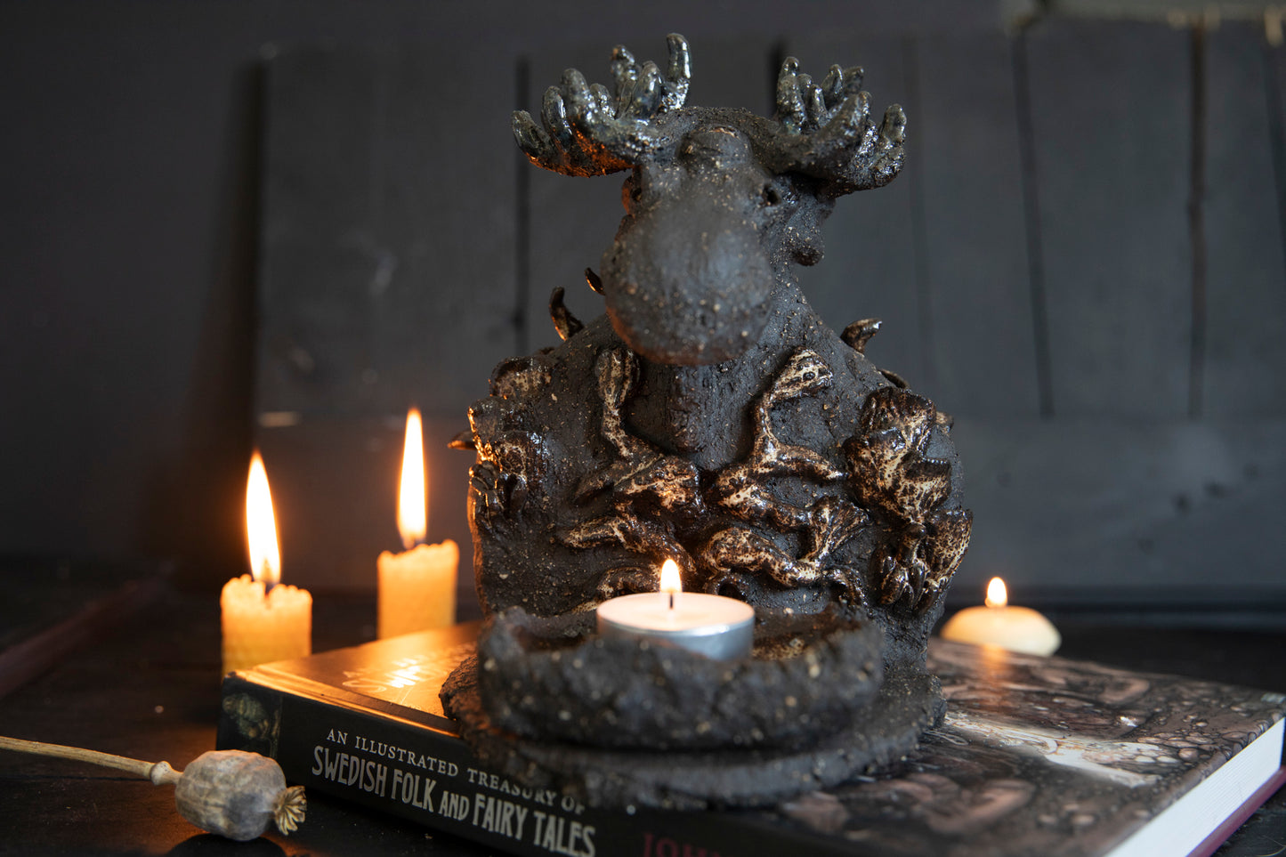 Moose forest totem, altar, candle holder, incense burner. One of a kind, black clay, elk, deer