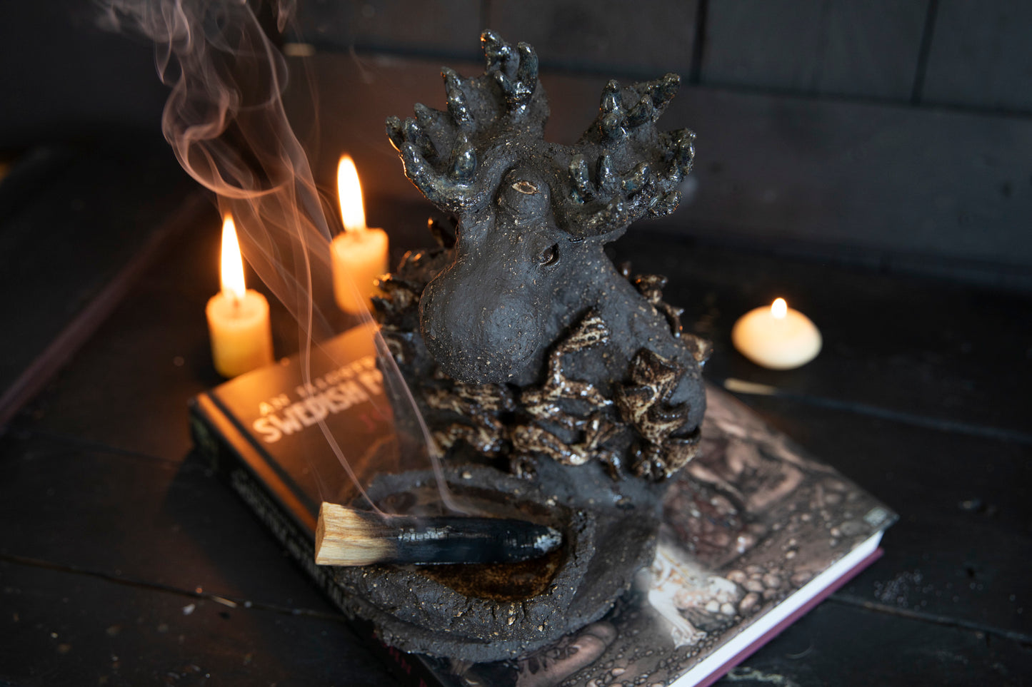Moose forest totem, altar, candle holder, incense burner. One of a kind, black clay, elk, deer