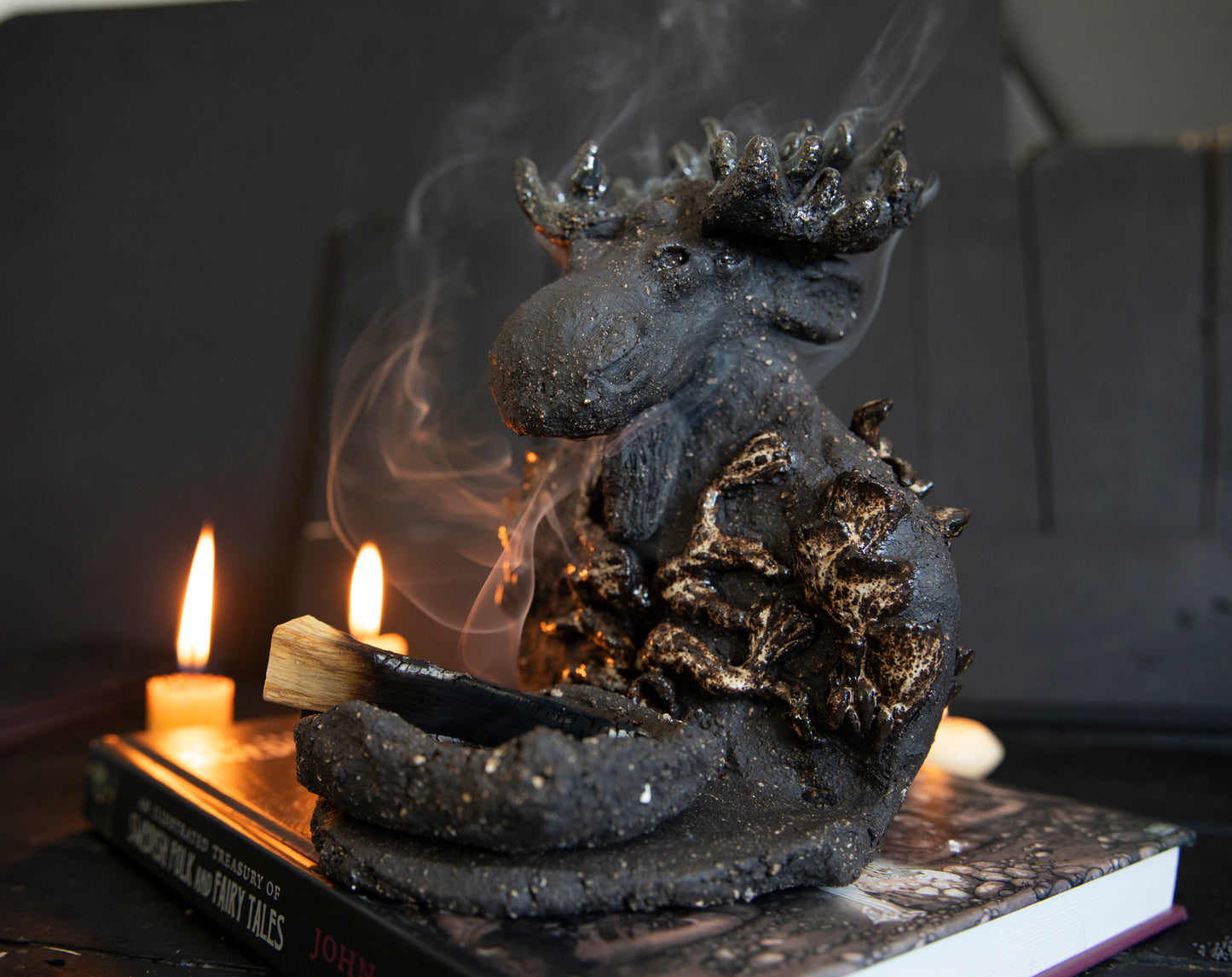 Moose forest totem, altar, candle holder, incense burner. One of a kind, black clay, elk, deer