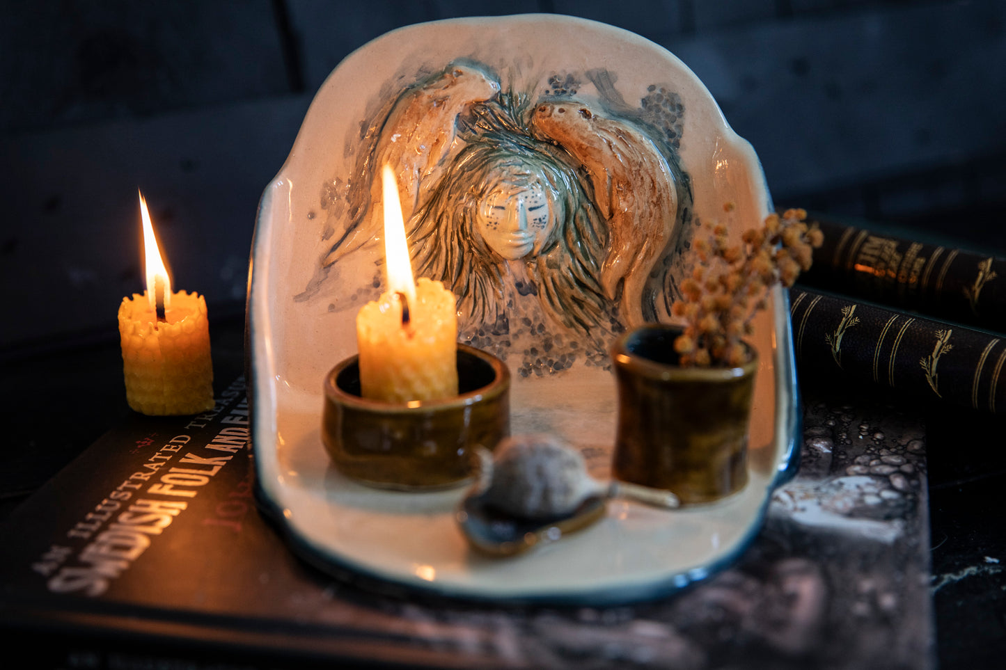 River Goddess altar, with two playful otters. Ceramic one of a kind