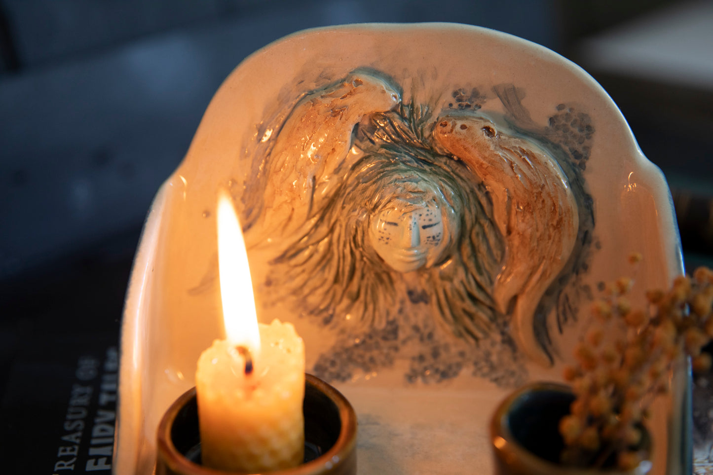 River Goddess altar, with two playful otters. Ceramic one of a kind