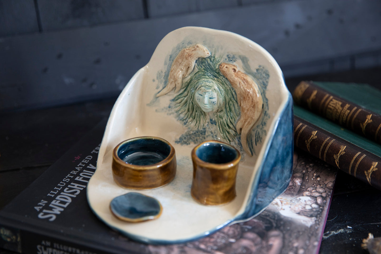 River Goddess altar, with two playful otters. Ceramic one of a kind