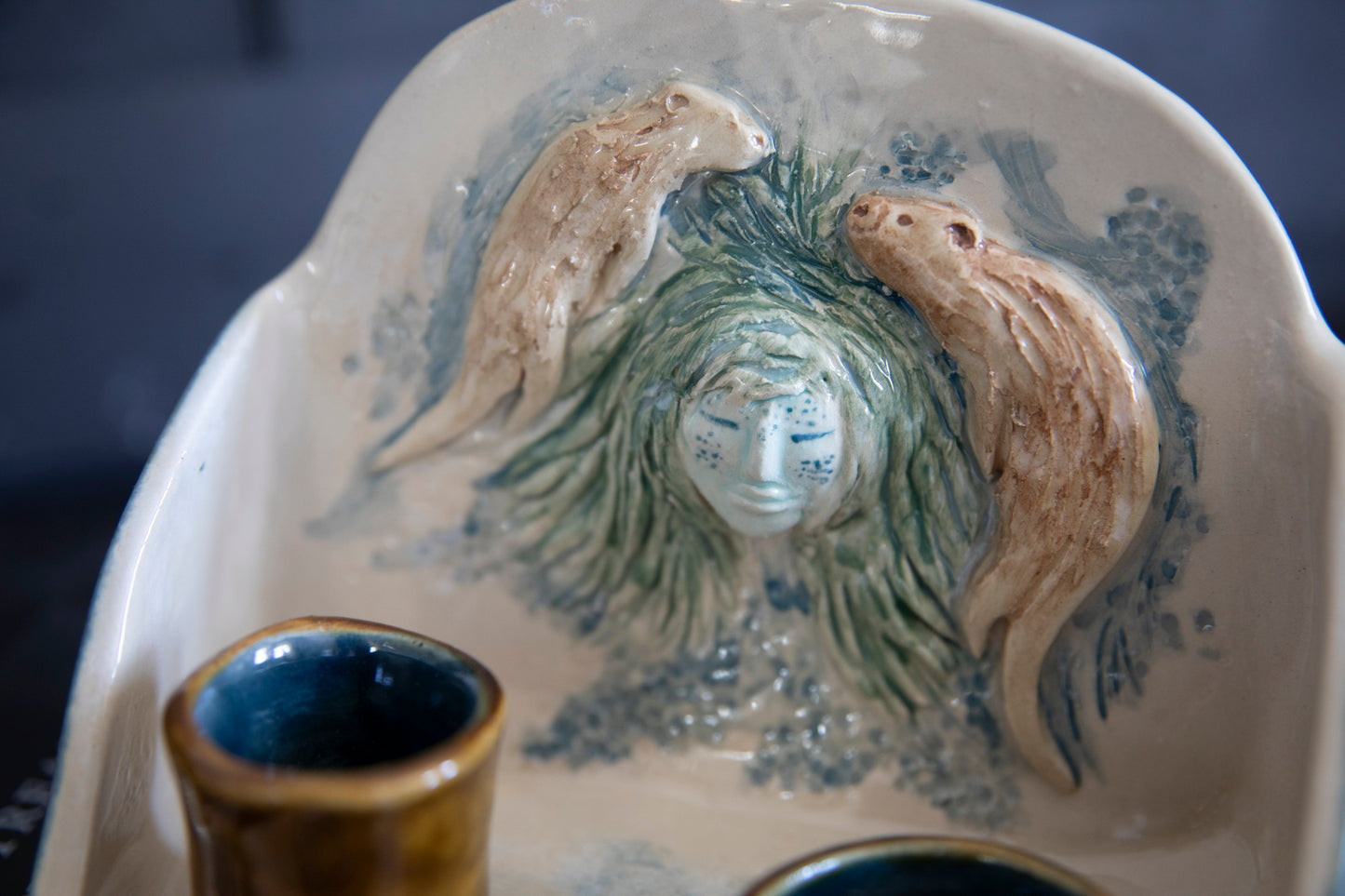 River Goddess altar, with two playful otters. Ceramic one of a kind