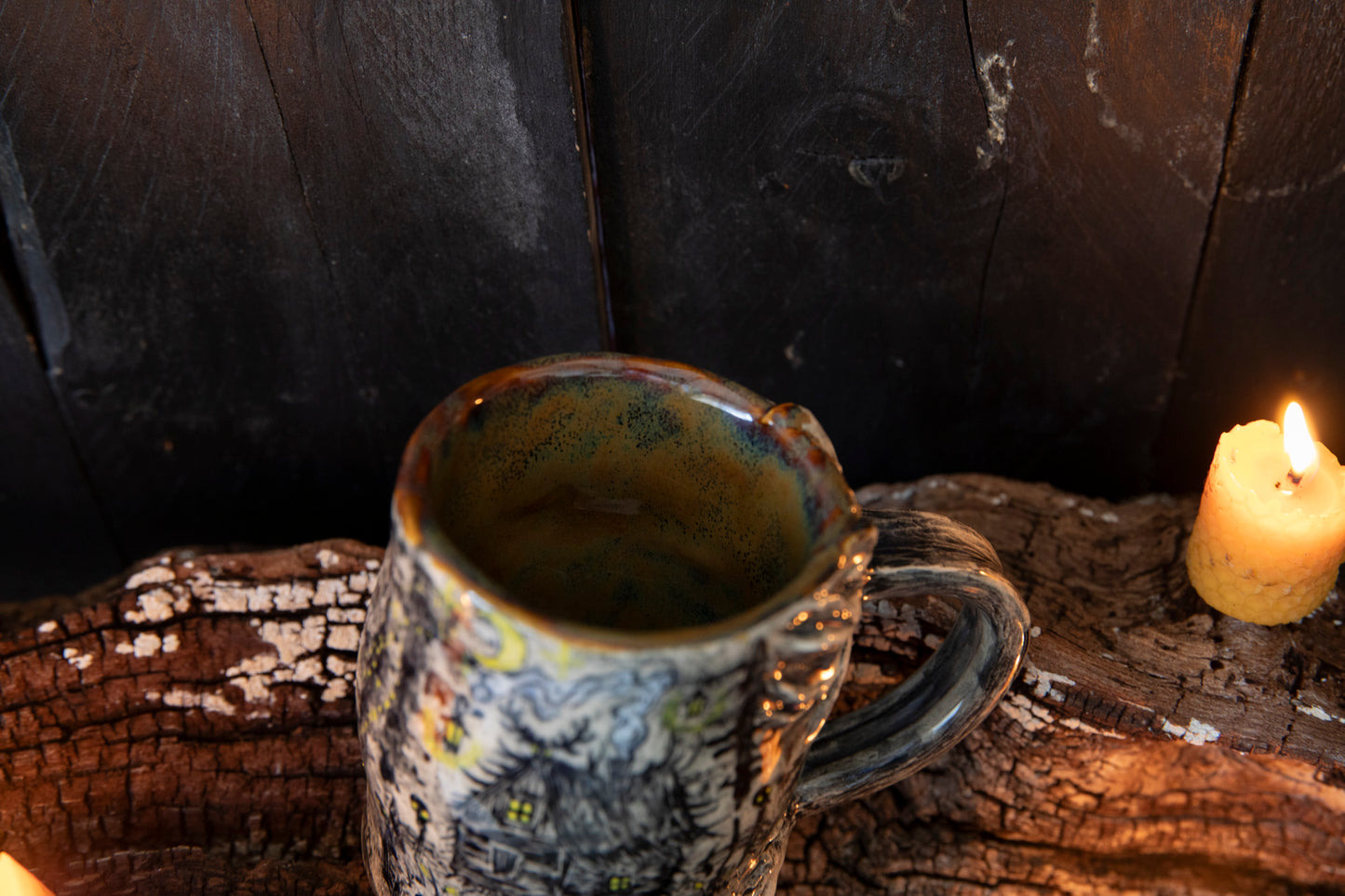 Unique Magic Baba Yaga ceramic mug. Magic forest mug. Pottery. Witch, cabin, hut, pottery