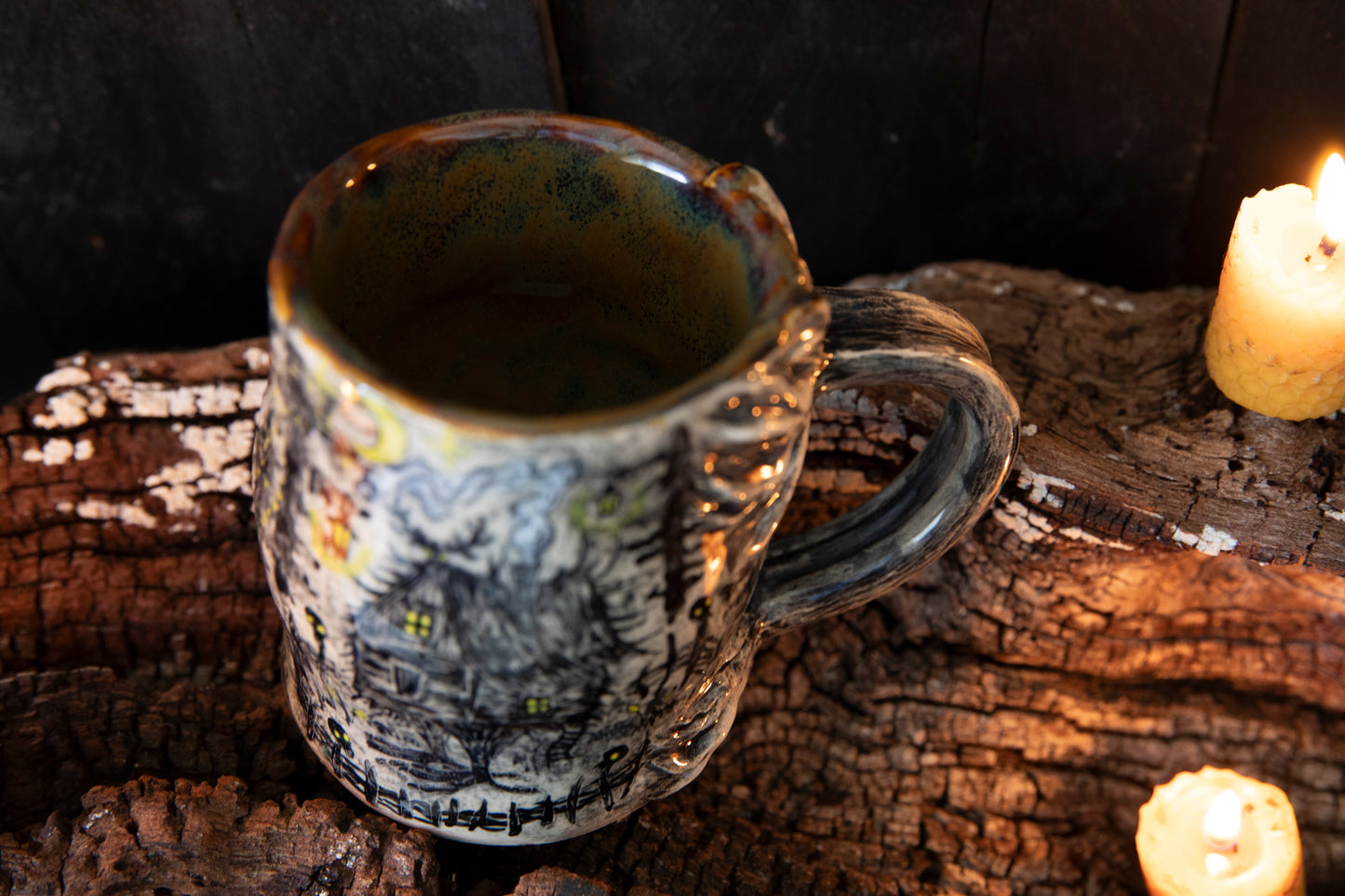 Unique Magic Baba Yaga ceramic mug. Magic forest mug. Pottery. Witch, cabin, hut, pottery