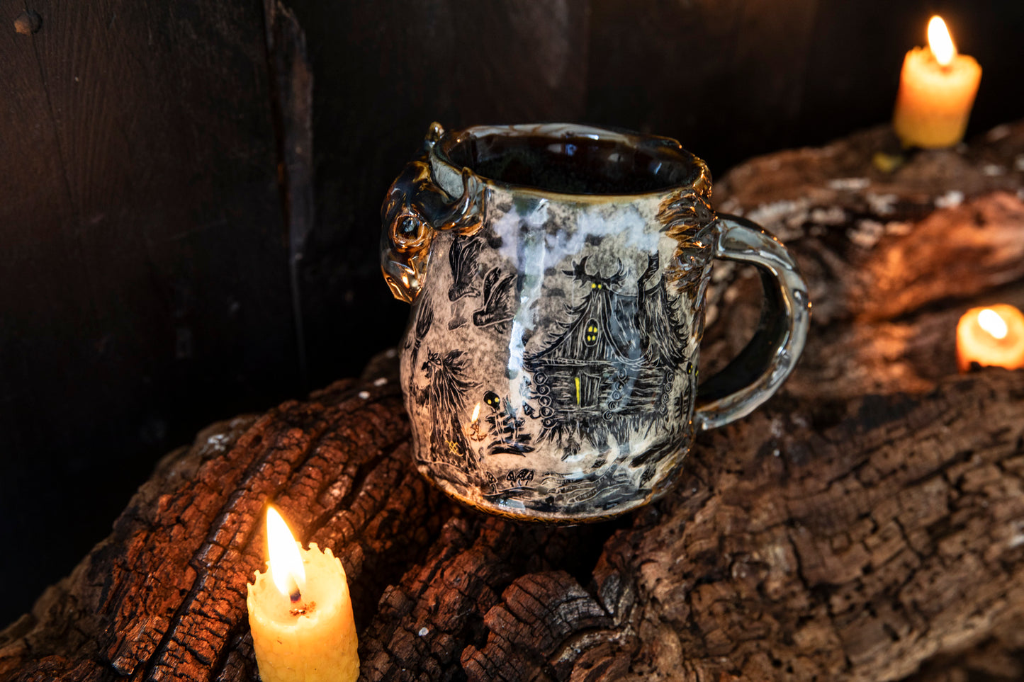 Unique Magic Baba Yaga ceramic mug. Magic forest mug. Pottery. Witch, cabin, hut, pottery