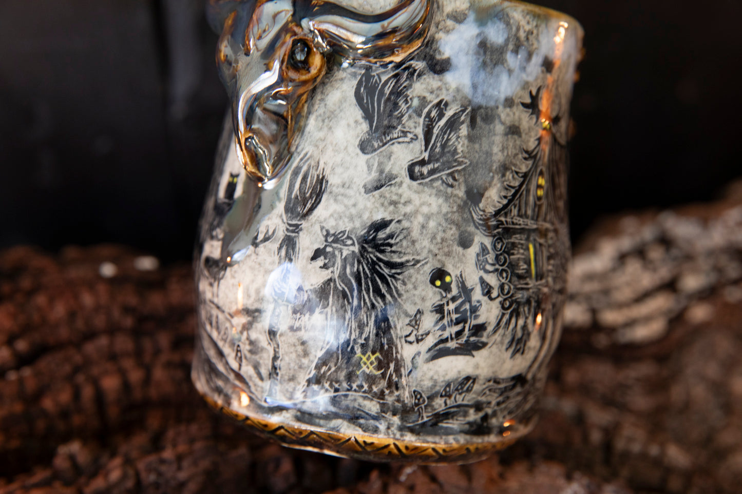 Unique Magic Baba Yaga ceramic mug. Magic forest mug. Pottery. Witch, cabin, hut, pottery