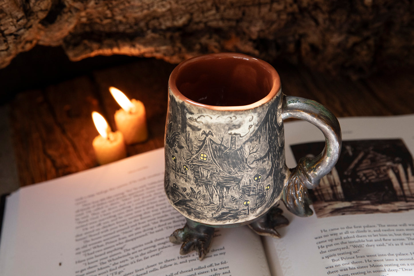 Magic Baba Yaga ceramic mug. Magic forest mug. Pottery. Witch, cabin, hut, pottery