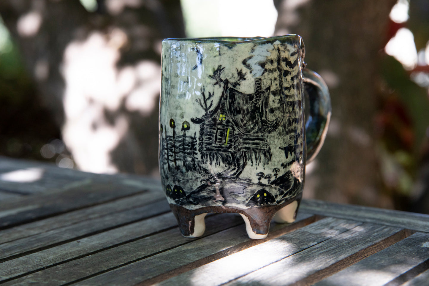 Unique Magic Baba Yaga ceramic mug. Magic forest mug. Pottery. Witch, cabin, hut, pottery