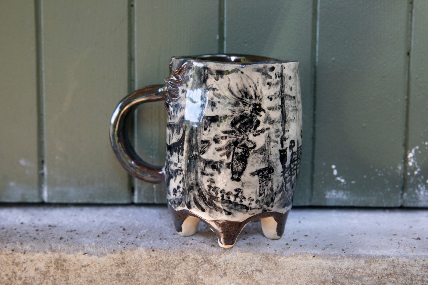 Unique Magic Baba Yaga ceramic mug. Magic forest mug. Pottery. Witch, cabin, hut, pottery