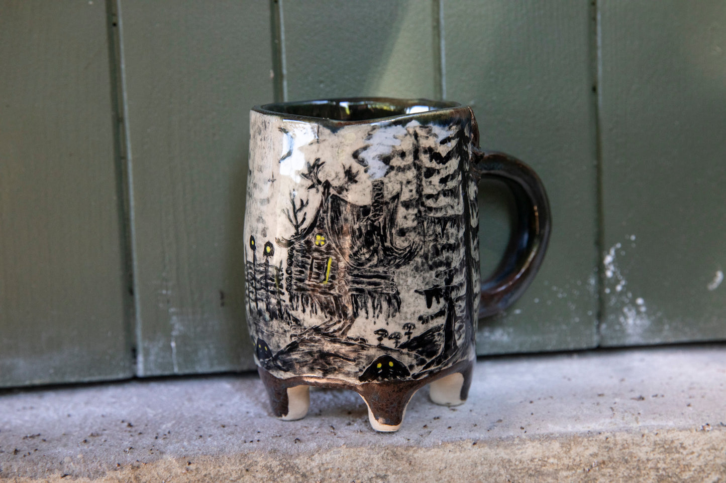 Unique Magic Baba Yaga ceramic mug. Magic forest mug. Pottery. Witch, cabin, hut, pottery