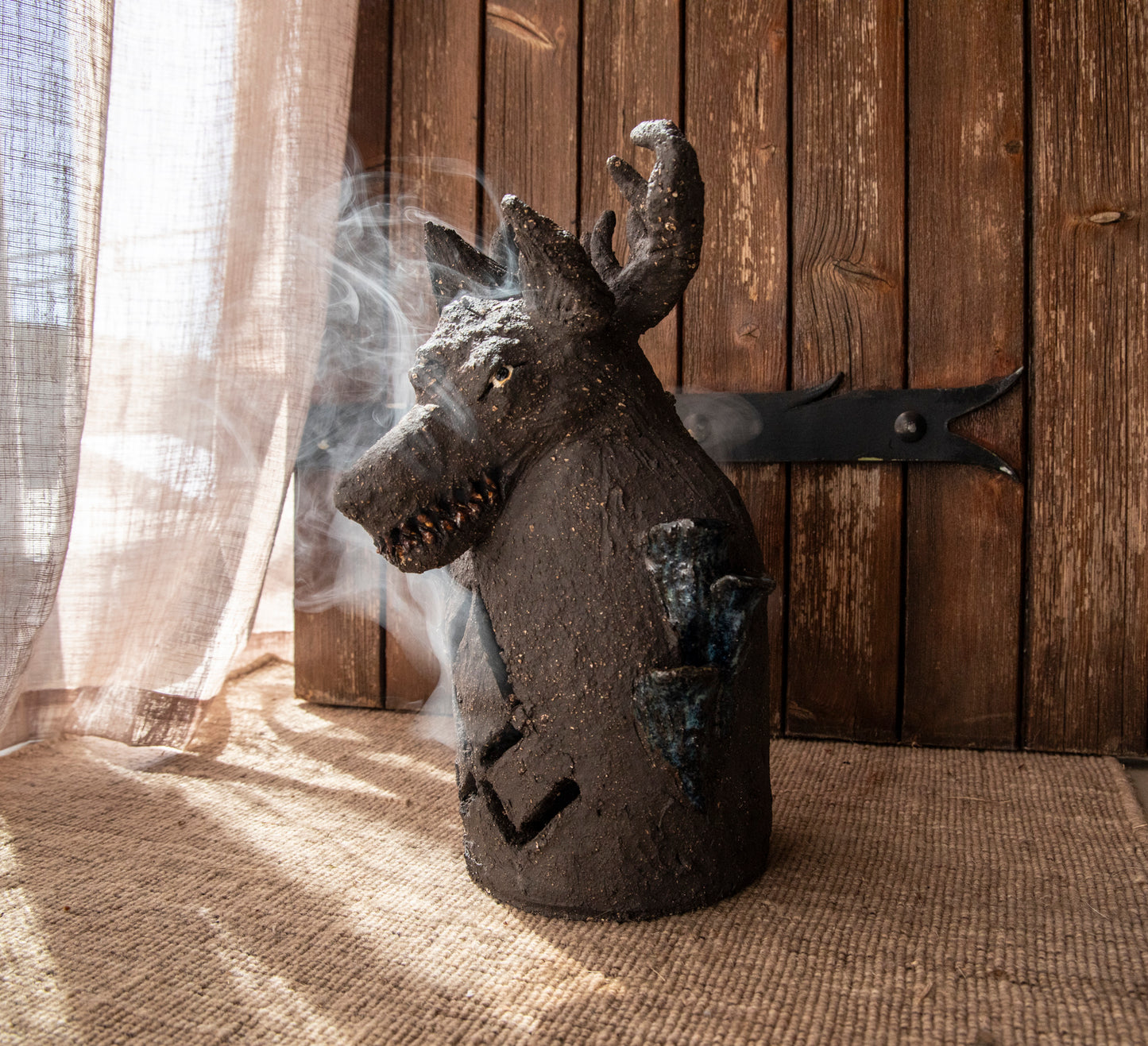 Yarchuk, protecting against evil. Ceramic black Dog candle holder, incense burner
