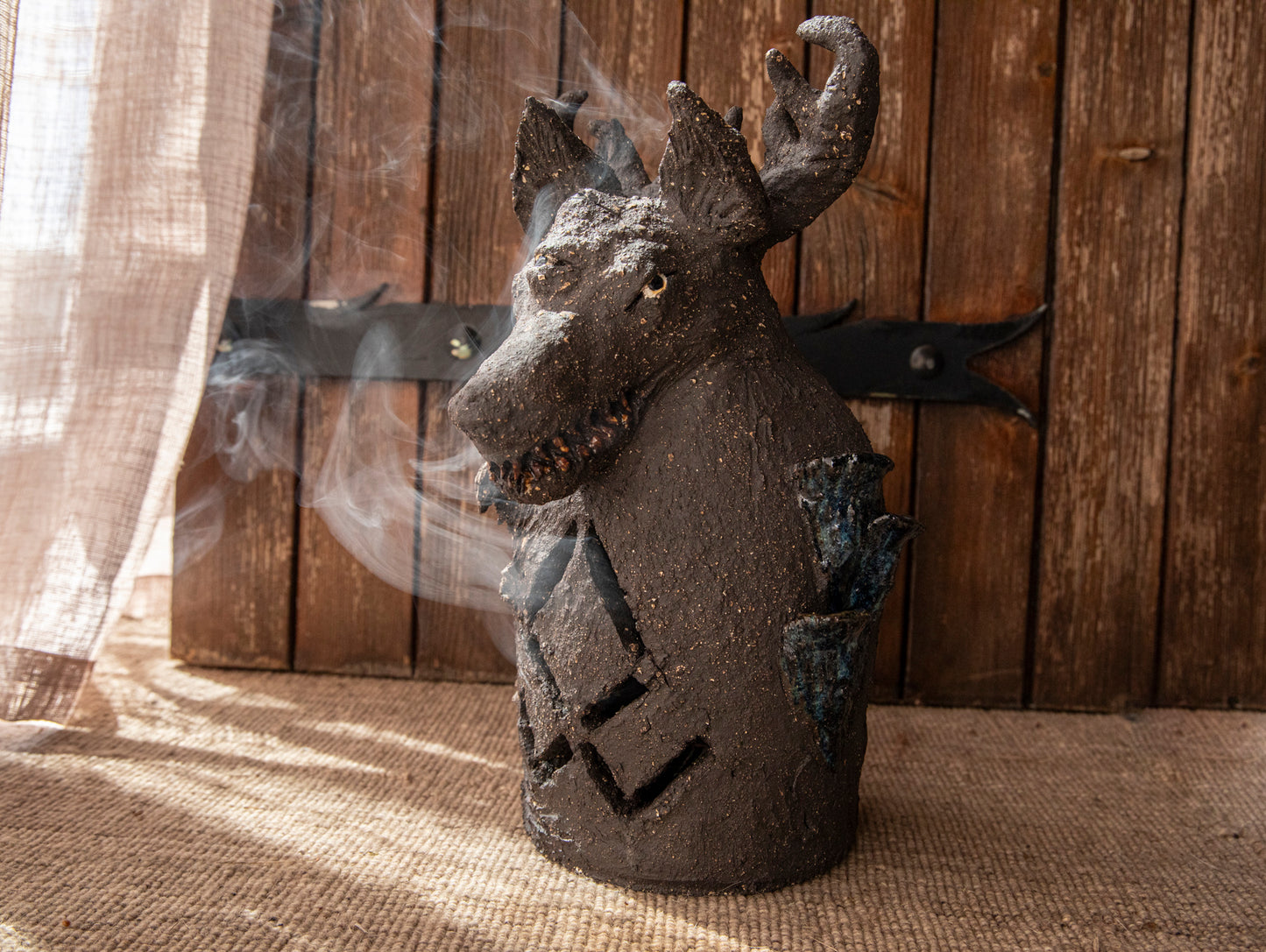 Yarchuk, protecting against evil. Ceramic black Dog candle holder, incense burner