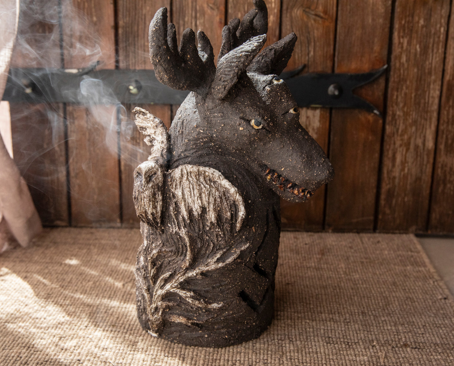 Yarchuk, protecting against evil. Ceramic black Dog candle holder, incense burner
