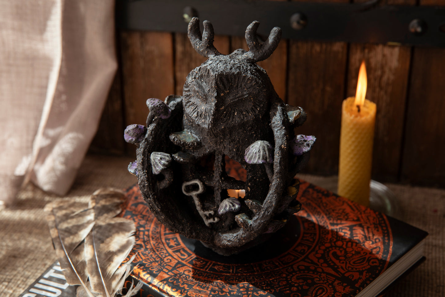 Owl candle holder, with mushrooms, and magic key, glowing in the dark, ceramic, black clay, decor
