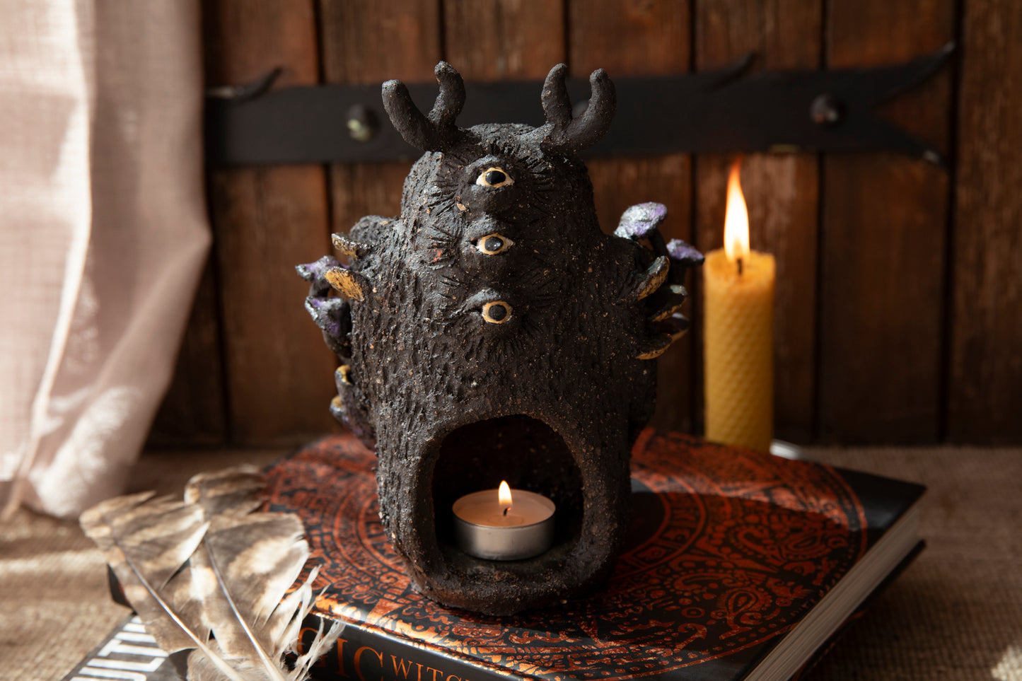 Owl candle holder, with mushrooms, and magic key, glowing in the dark, ceramic, black clay, decor