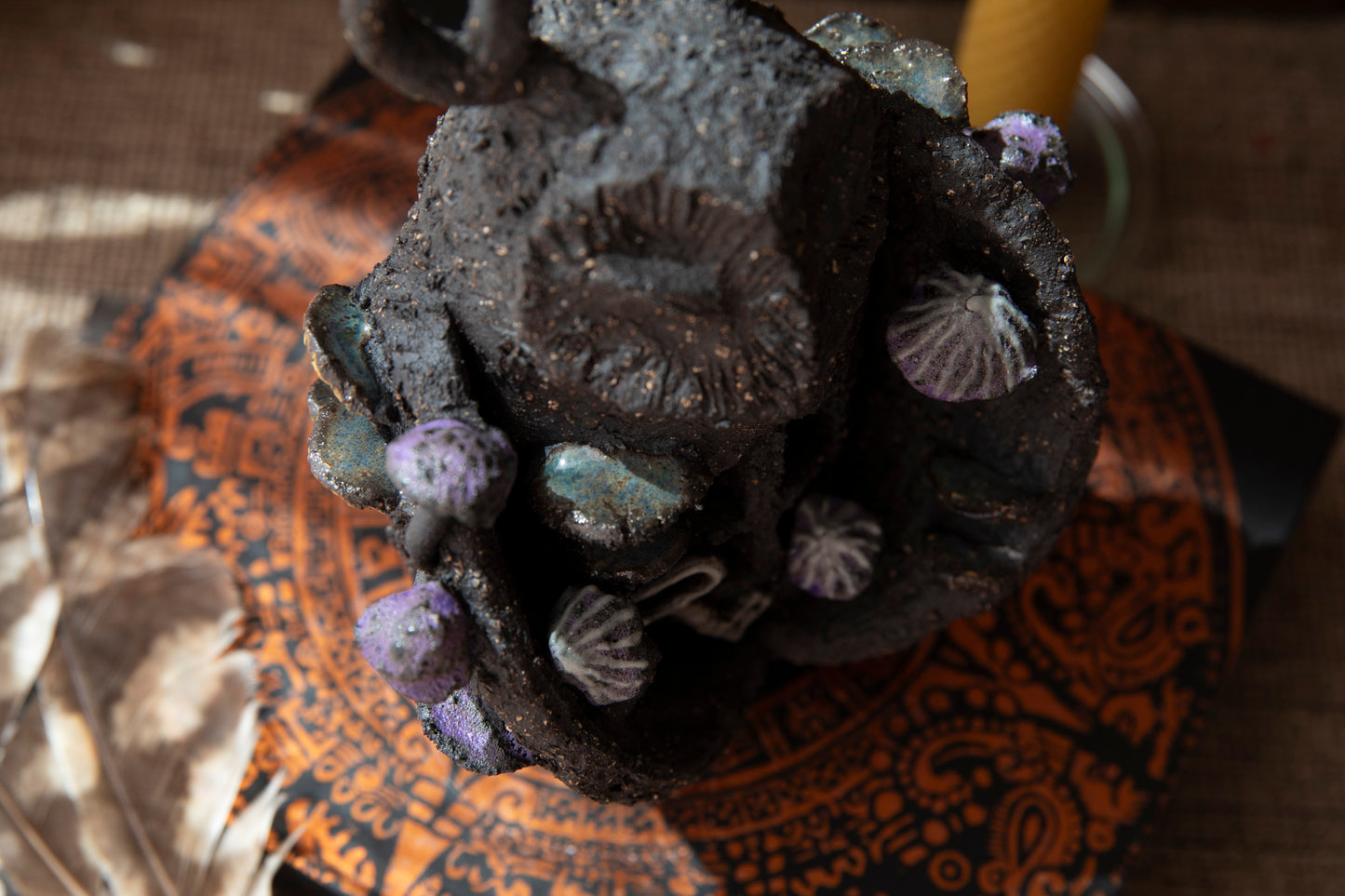 Owl candle holder, with mushrooms, and magic key, glowing in the dark, ceramic, black clay, decor