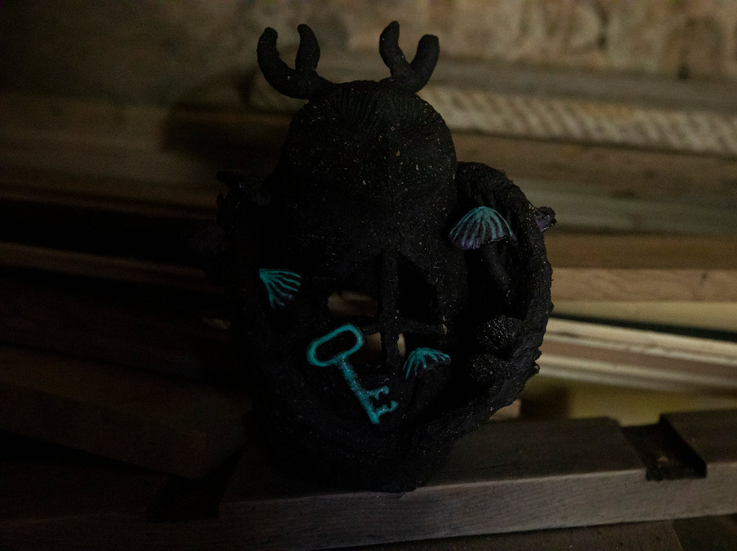 Owl candle holder, with mushrooms, and magic key, glowing in the dark, ceramic, black clay, decor