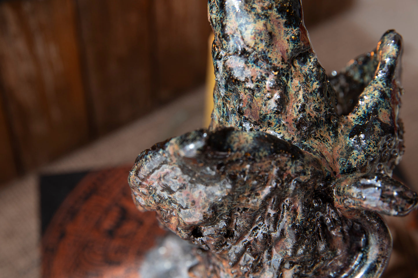 Majestic Ceramic Griffin on black rock, candle holder, incense holder. Griffon.