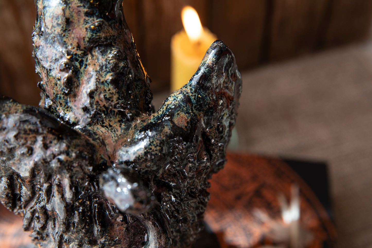 Majestic Ceramic Griffin on black rock, candle holder, incense holder. Griffon.