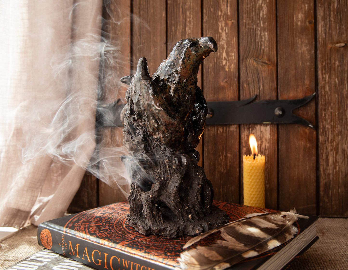 Majestic Ceramic Griffin on black rock, candle holder, incense holder. Griffon.