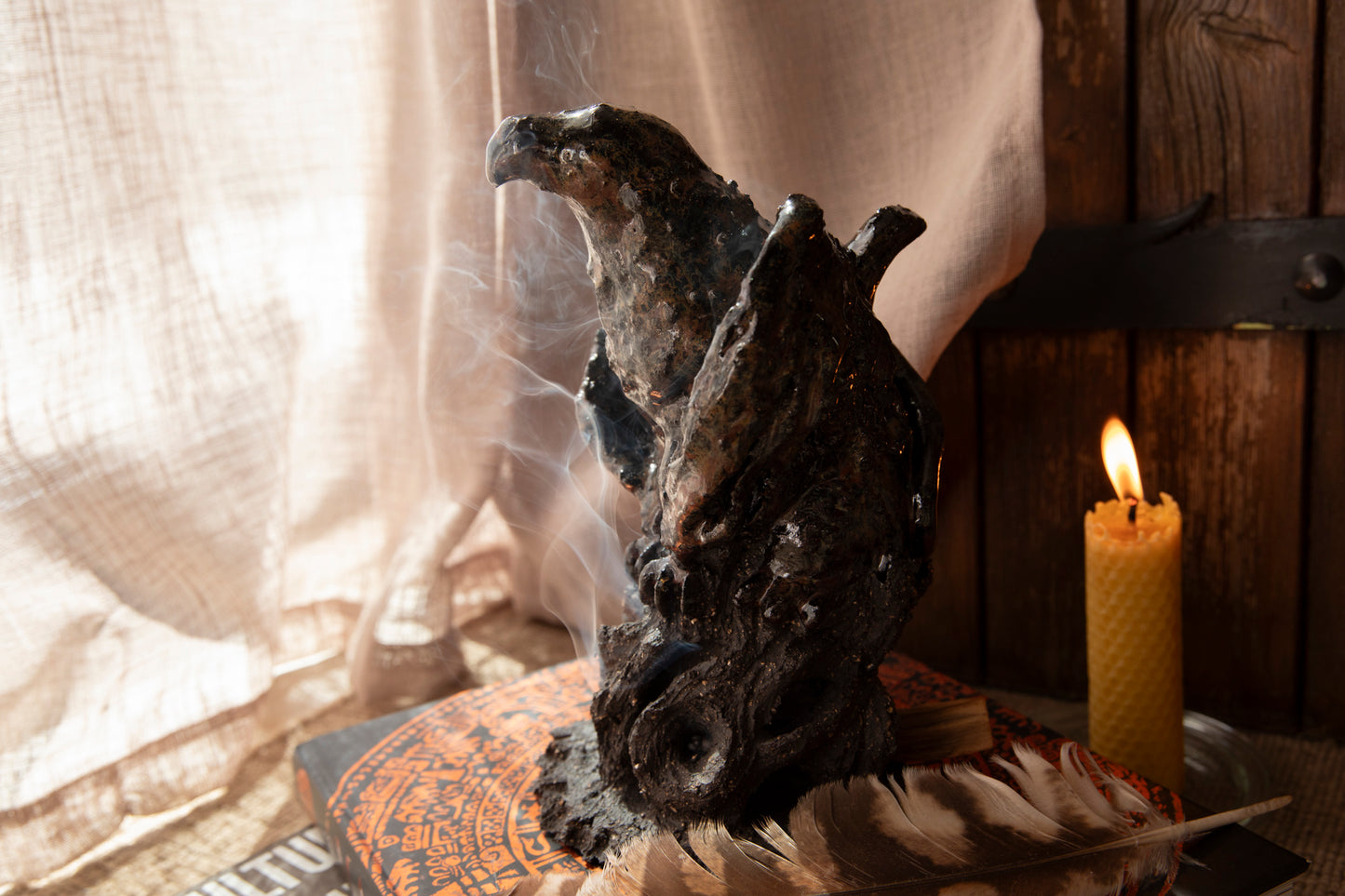 Majestic Ceramic Griffin on black rock, candle holder, incense holder. Griffon.