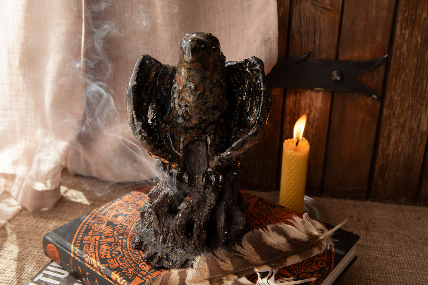 Majestic Ceramic Griffin on black rock, candle holder, incense holder. Griffon.