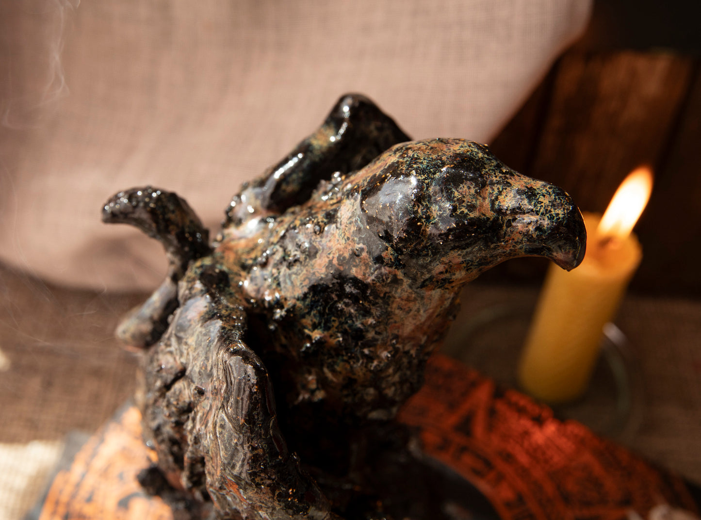Majestic Ceramic Griffin on black rock, candle holder, incense holder. Griffon.