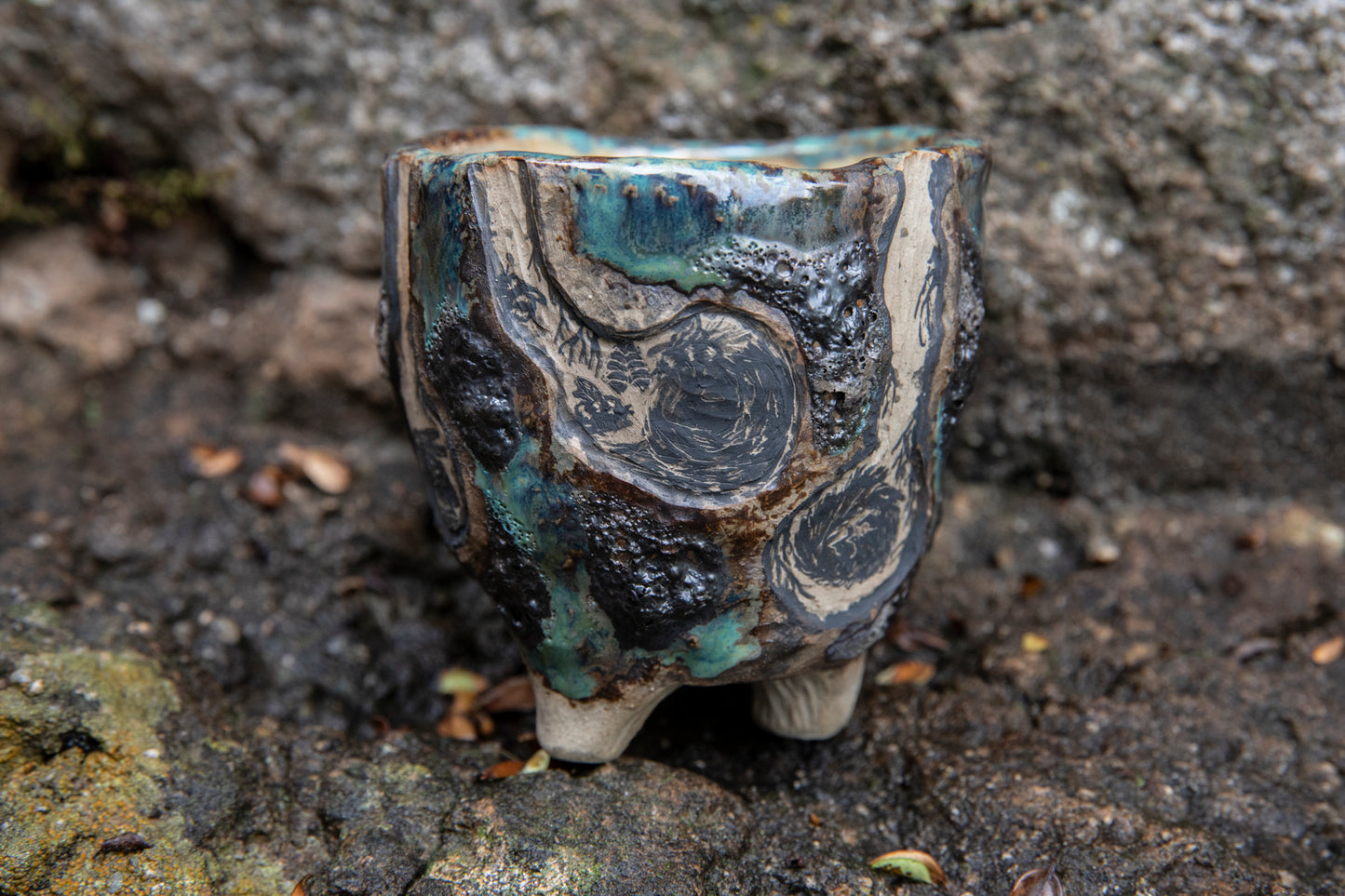 Cute ceramic flower pot with various animals in their burrows underground, unique, one of a kind