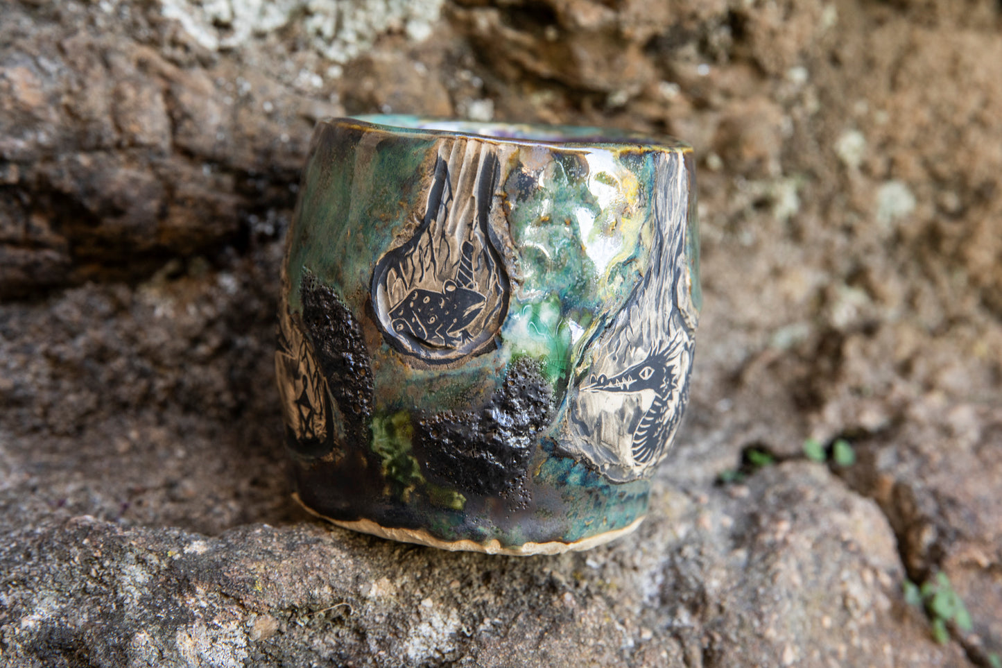 Dragon and Frog the Wizard magic ceramic mug, one of a kind, unique and handmade