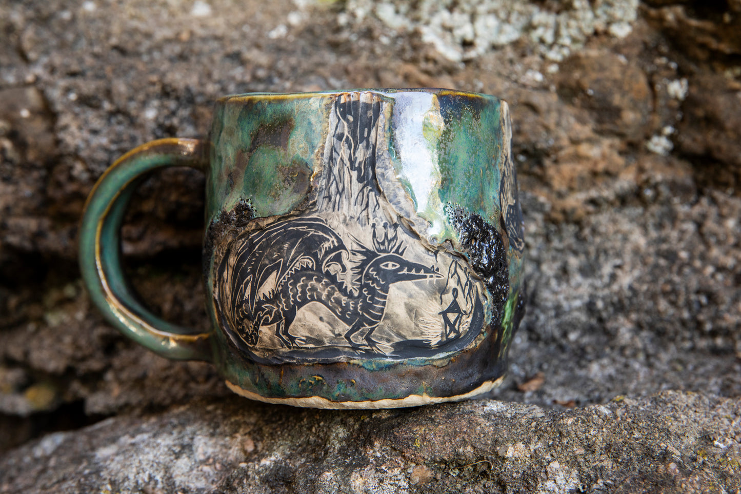 Dragon and Frog the Wizard magic ceramic mug, one of a kind, unique and handmade