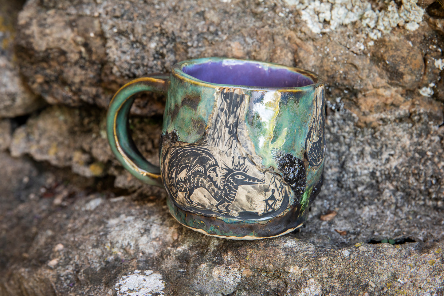 Dragon and Frog the Wizard magic ceramic mug, one of a kind, unique and handmade