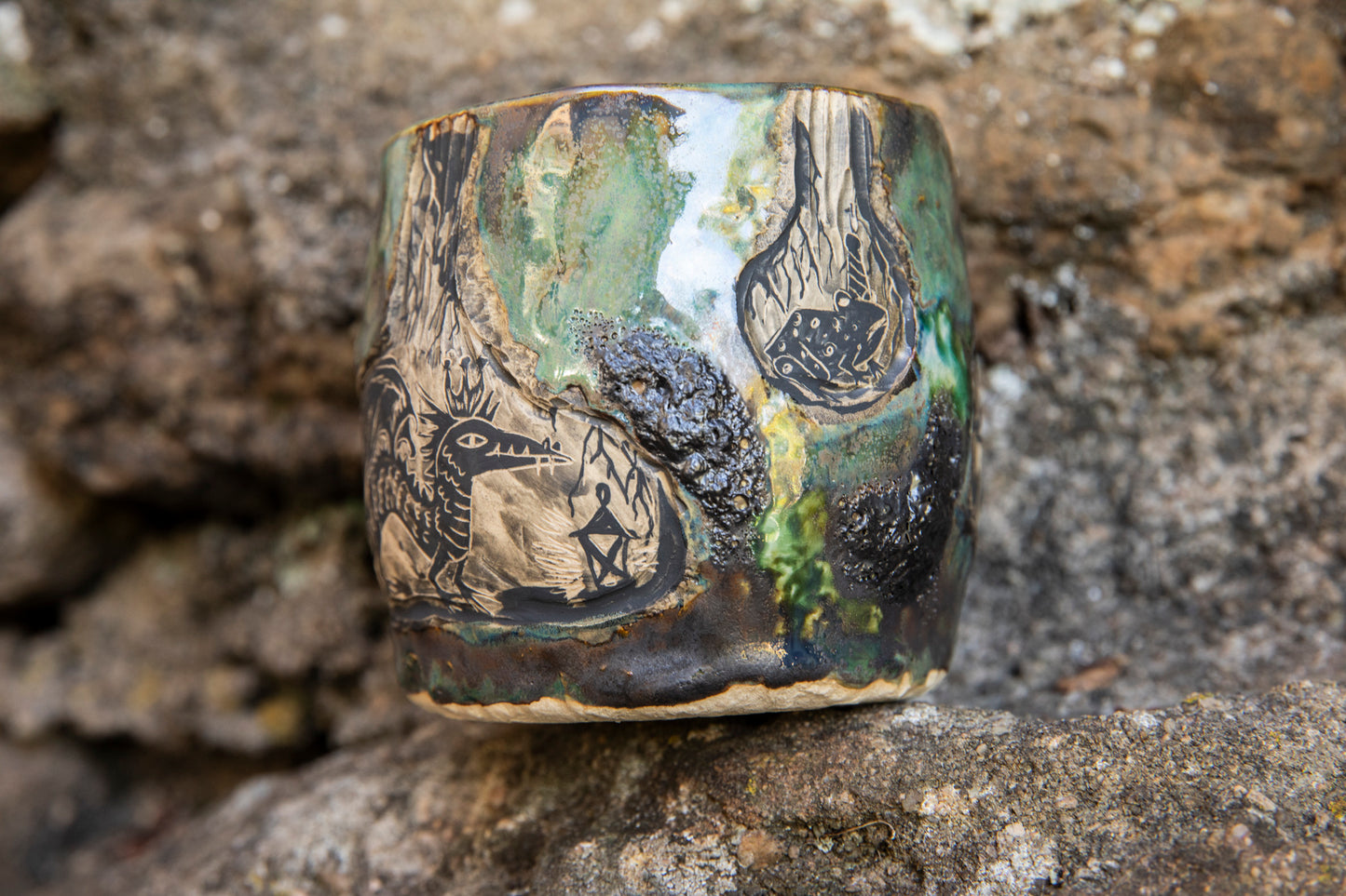 Dragon and Frog the Wizard magic ceramic mug, one of a kind, unique and handmade