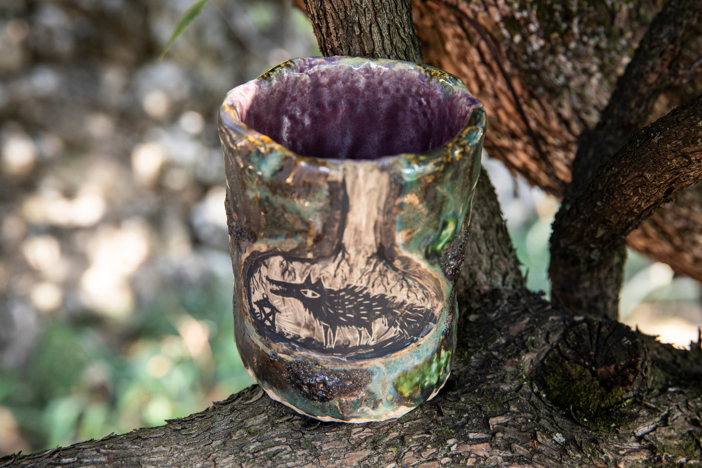 Ceramic handmade cup, tumbler, brush holder with wolf, badgers, bunny, beatle, unique