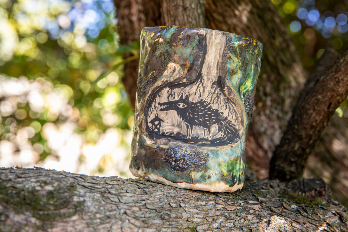 Ceramic handmade cup, tumbler, brush holder with wolf, badgers, bunny, beatle, unique