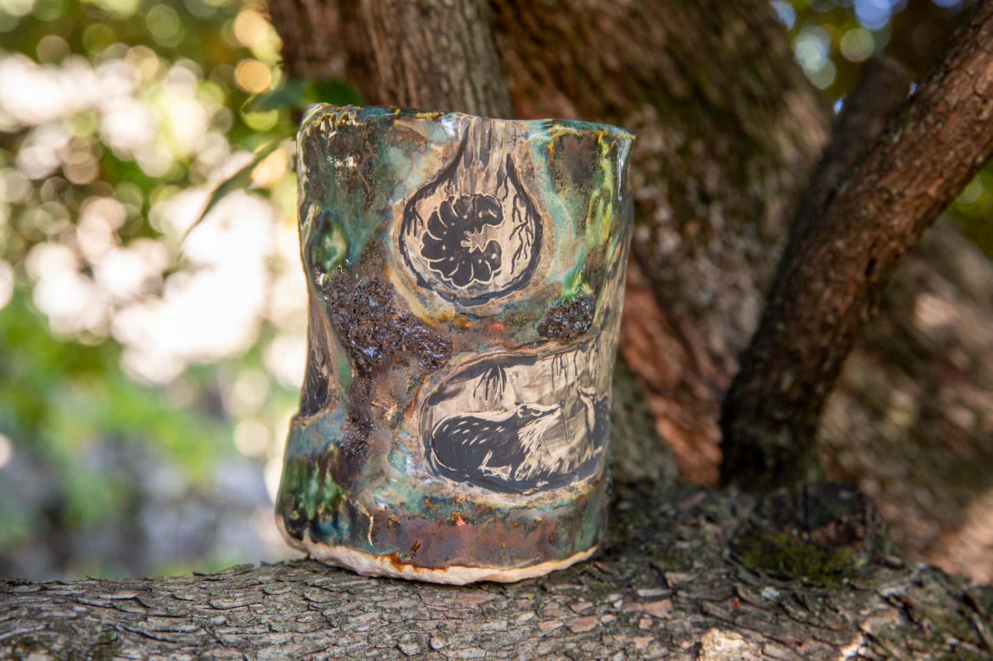 Ceramic handmade cup, tumbler, brush holder with wolf, badgers, bunny, beatle, unique