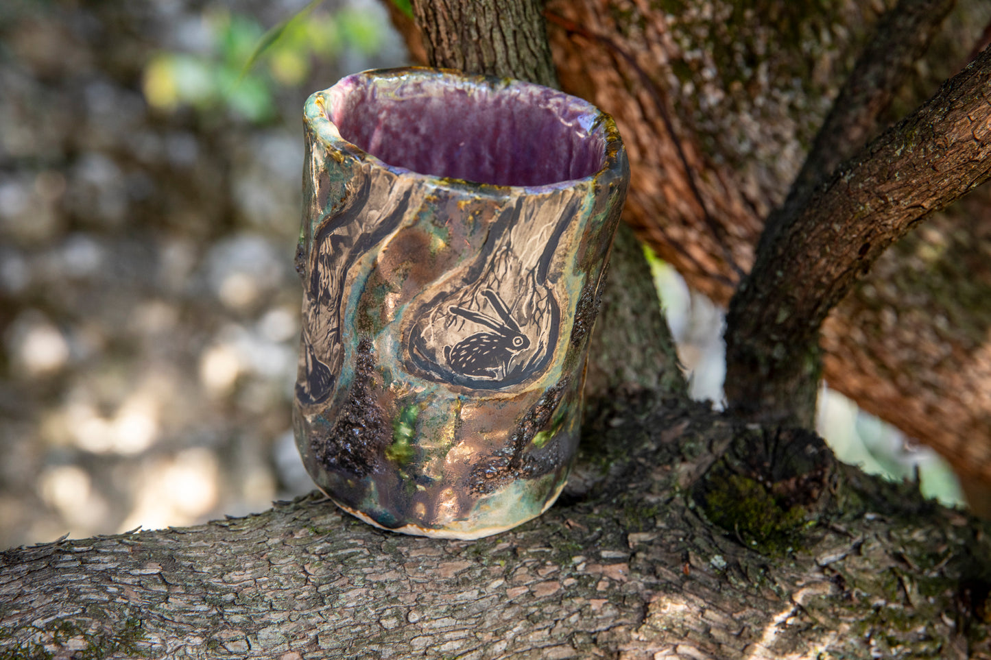 Ceramic handmade cup, tumbler, brush holder with wolf, badgers, bunny, beatle, unique