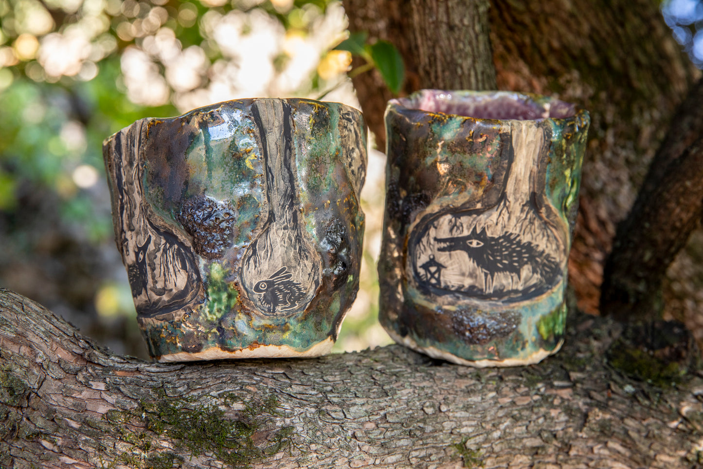 Ceramic handmade cup, tumbler, brush holder with wolf, badgers, bunny, beatle, unique