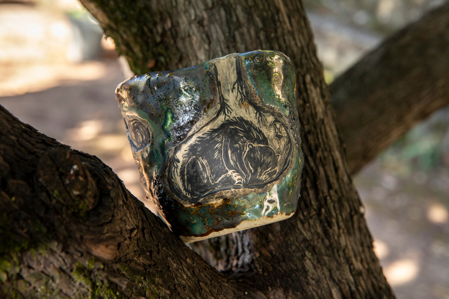 Beautiful ceramic flower planter with bear, fox, bumblebees, snake, hare, one of a kind. Cup.