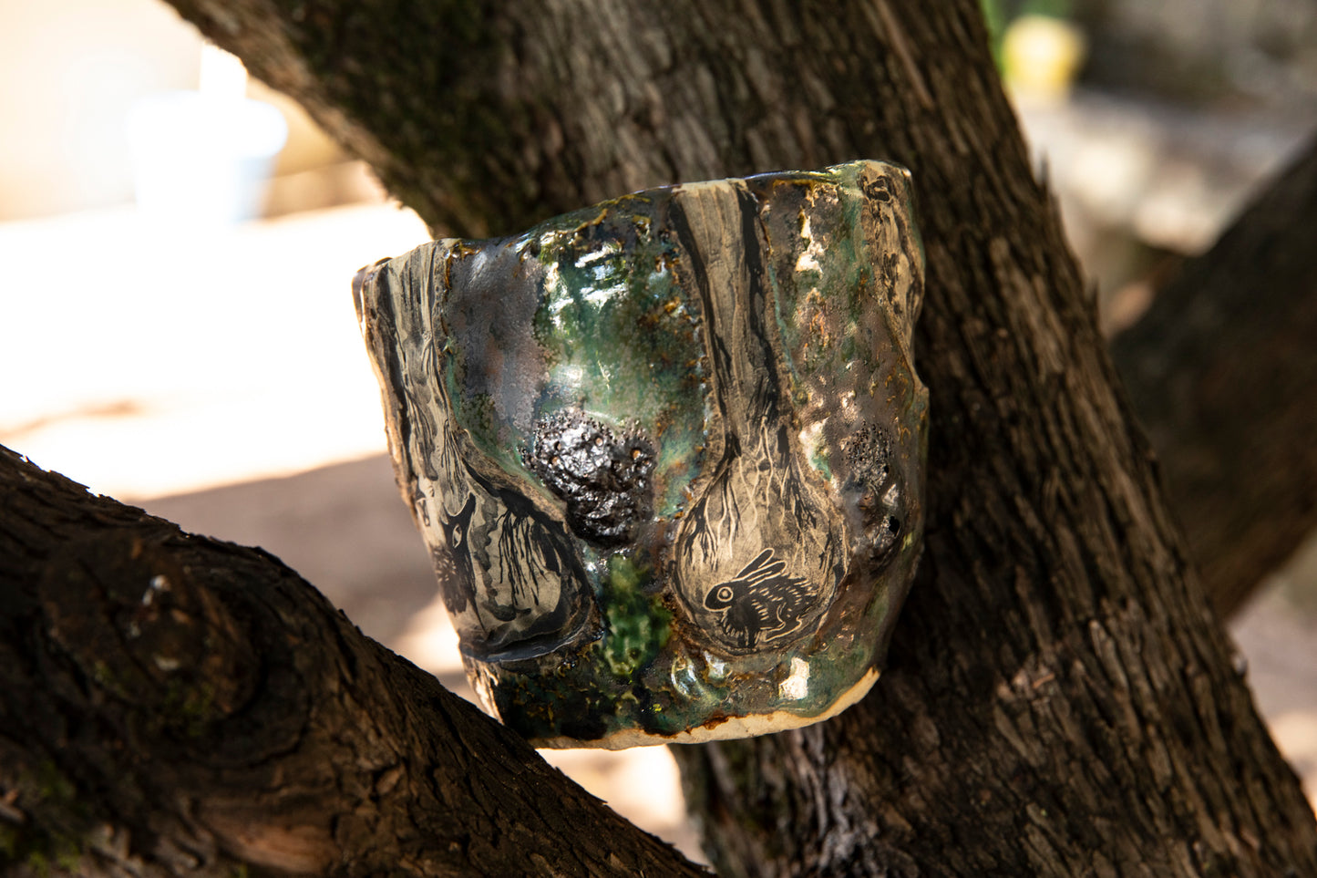 Beautiful ceramic flower planter with bear, fox, bumblebees, snake, hare, one of a kind. Cup.