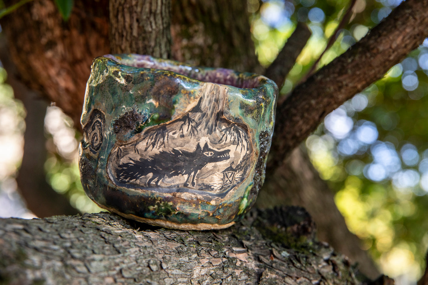 Beautiful ceramic flower planter with hedgehog, wolf, marmot, snake, hare, one of a kind. Cup.