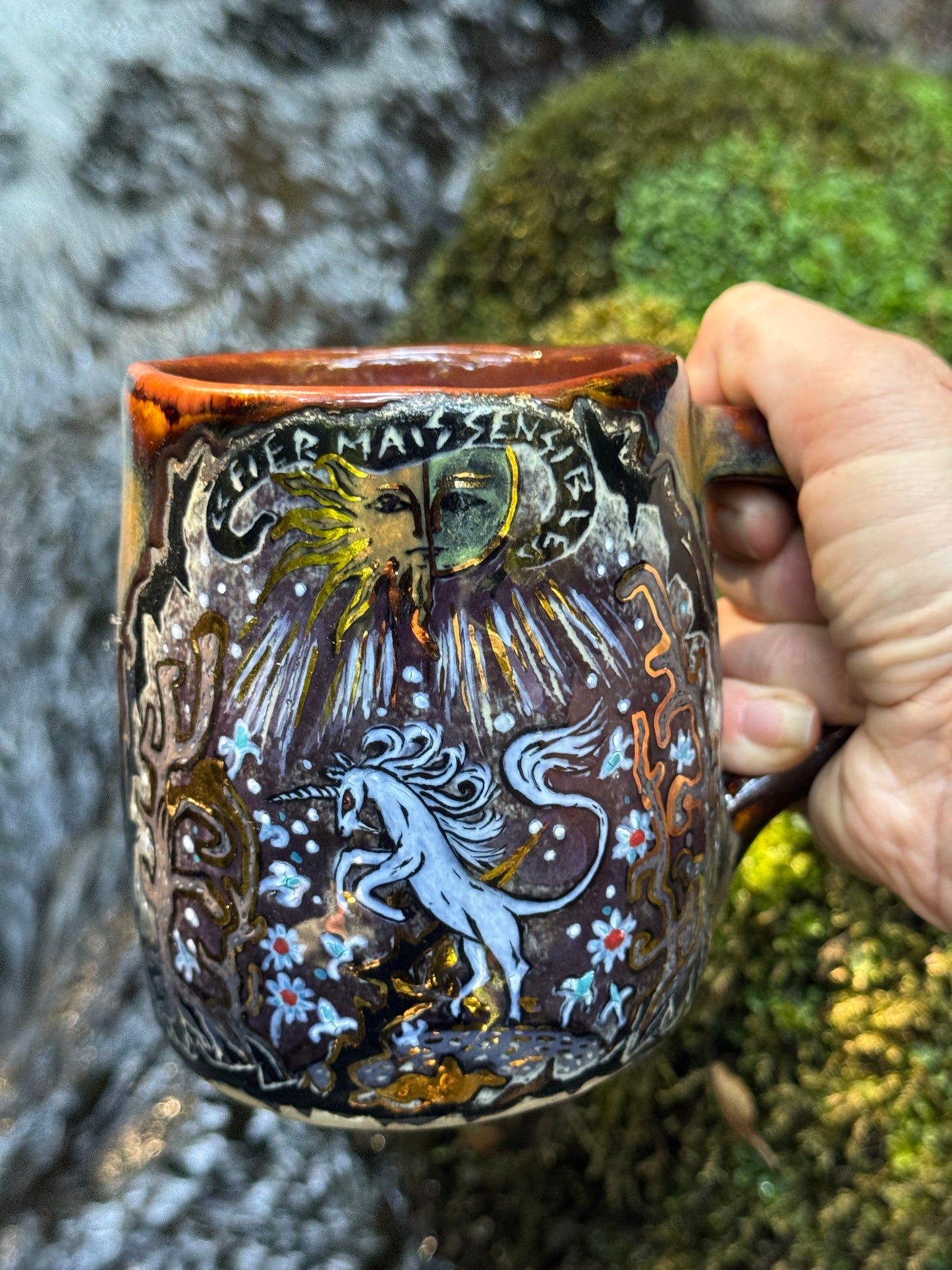 Fierce but sensitive ceramic mug with unicorn and gold
