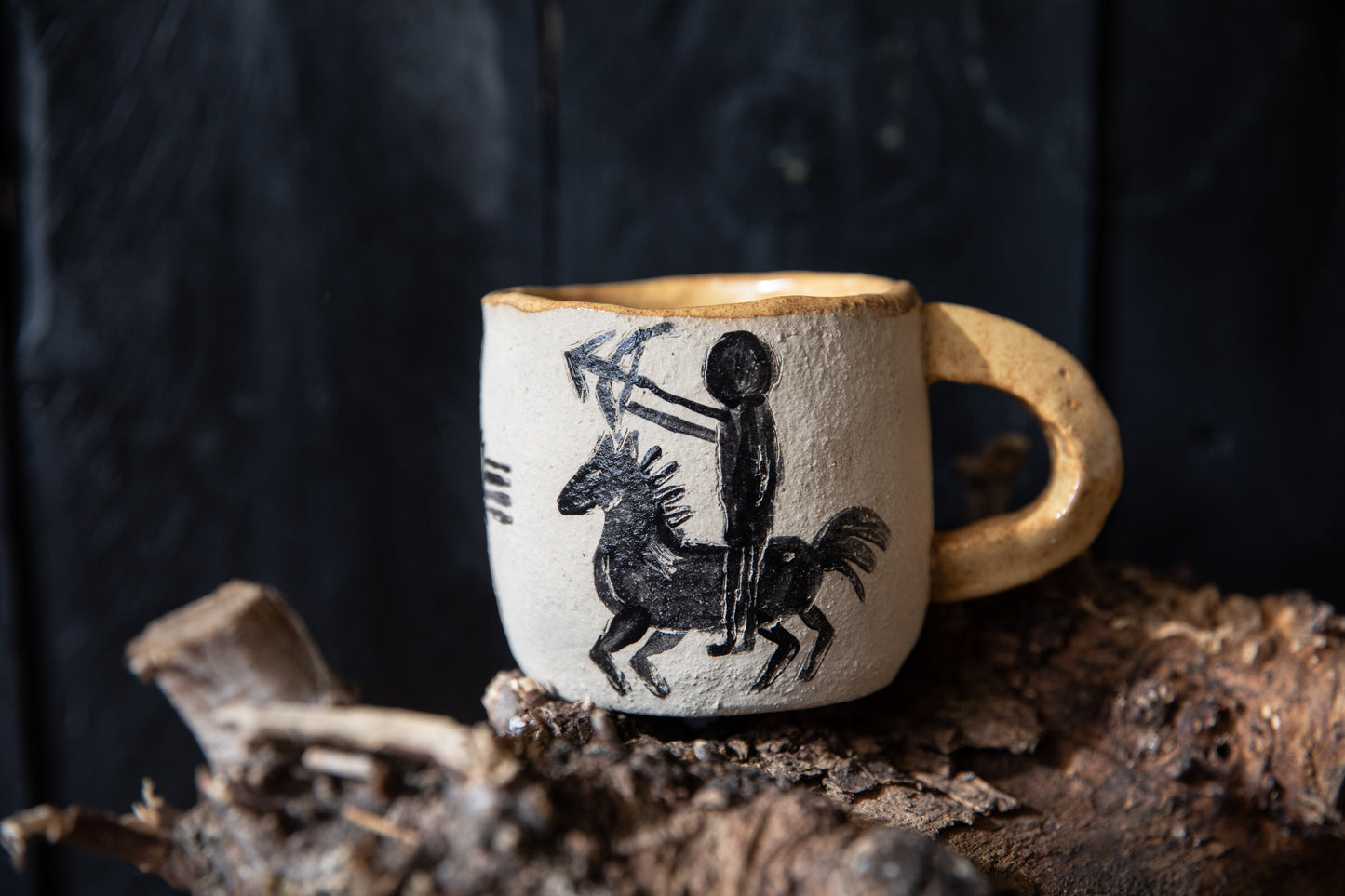 Ceramic mug with cave drawings, deer, archer, sagittarius, year wheel. Pottery, pagan, native, one of a kind