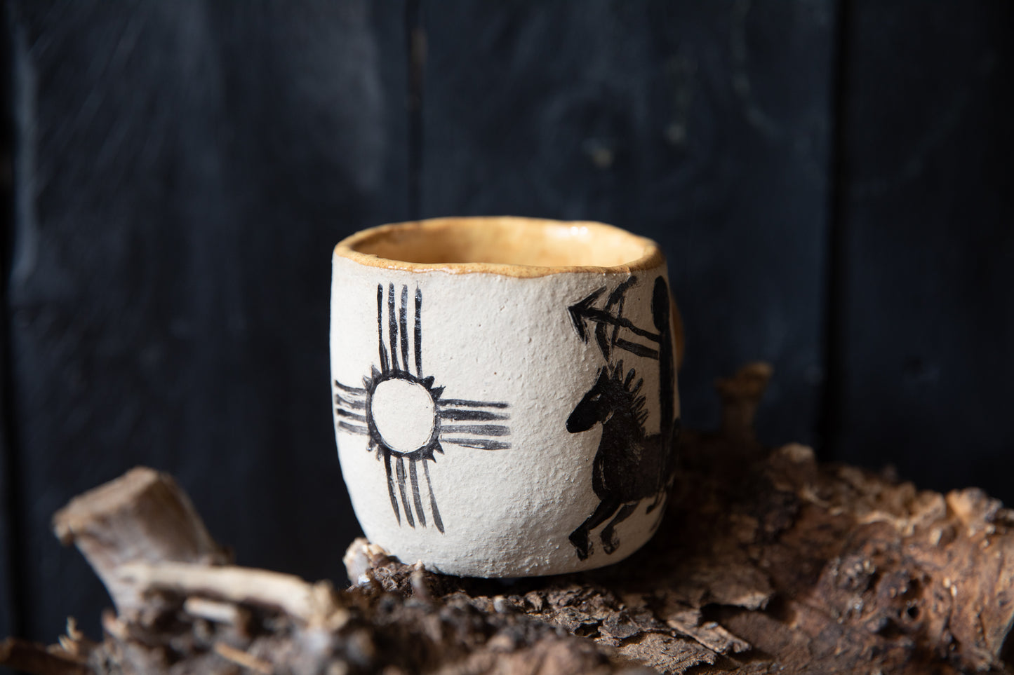 Ceramic mug with cave drawings, deer, archer, sagittarius, year wheel. Pottery, pagan, native, one of a kind