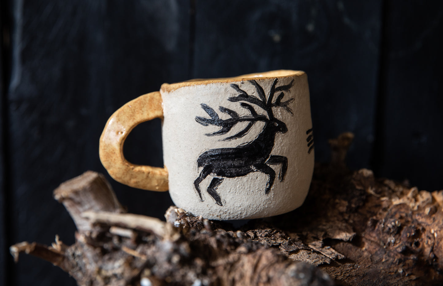 Ceramic mug with cave drawings, deer, archer, sagittarius, year wheel. Pottery, pagan, native, one of a kind