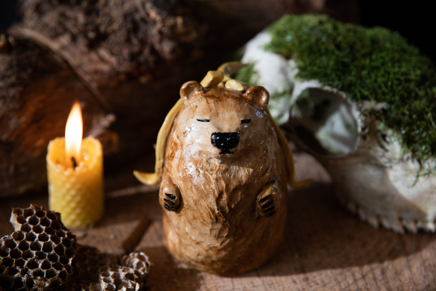 Brown Bear with moose antlers Spirit Totem, ceramic sculpture one of a kind