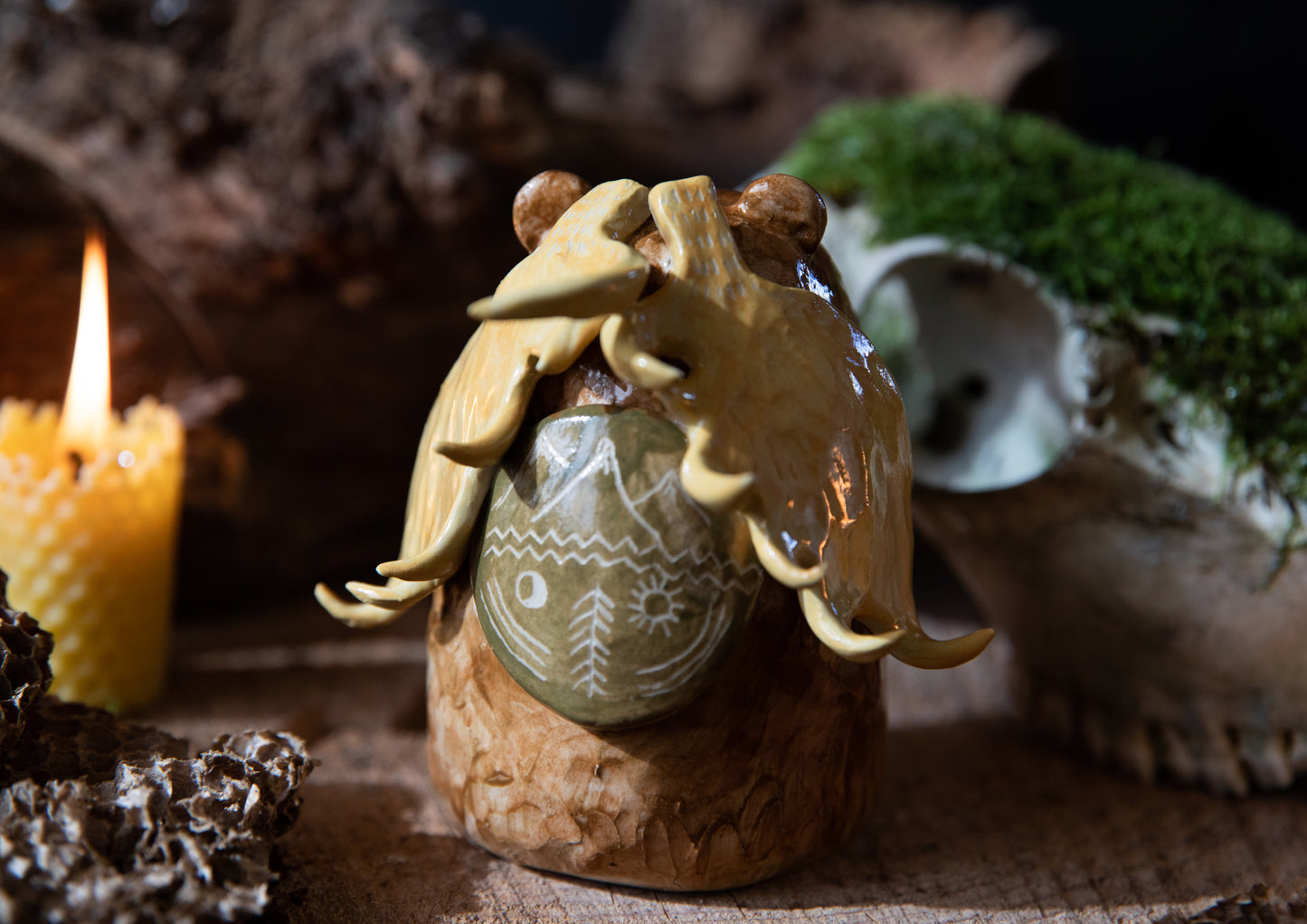 Brown Bear with moose antlers Spirit Totem, ceramic sculpture one of a kind
