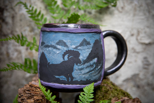 Ibex in mountains ceramic mug. Pottery, one of a kind